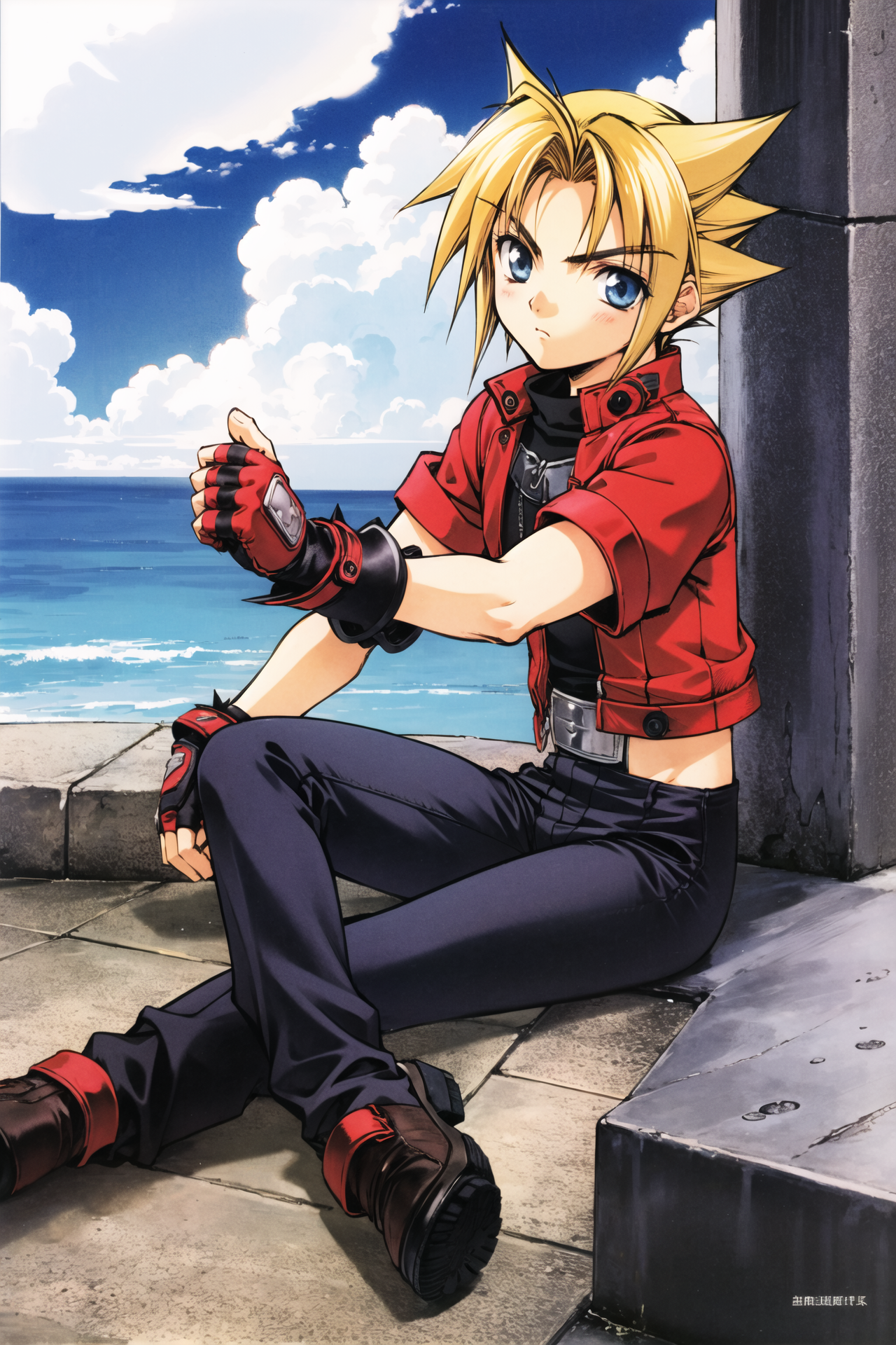 18624-1605469595-Coud Van Giruet, 1boy, solo, male focus, gloves, fingerless gloves, sitting, spiked hair, blue eyes, pants,  cloud strife,_lora_.png